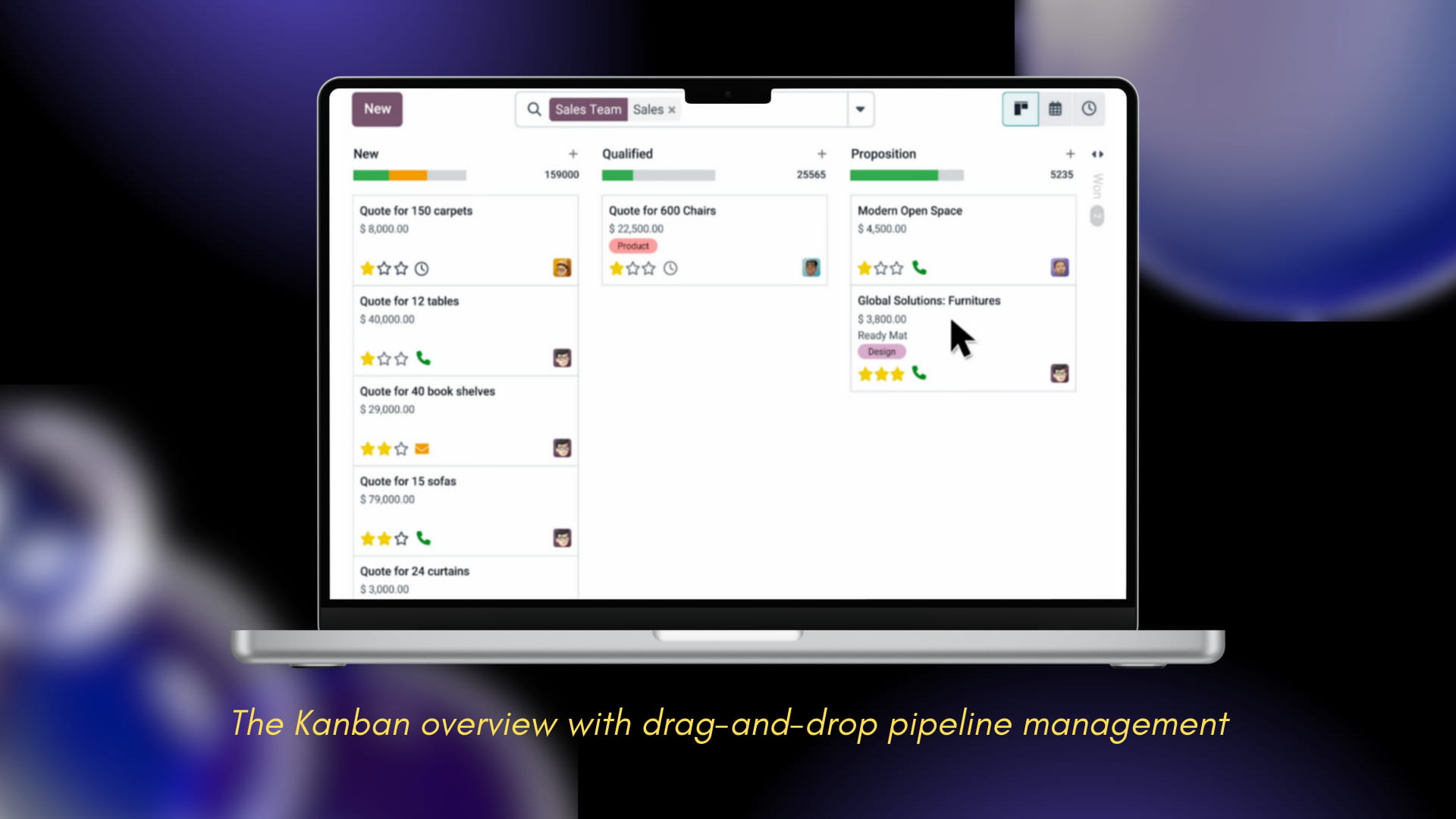 The Kanban overview with drag-and-drop pipeline management